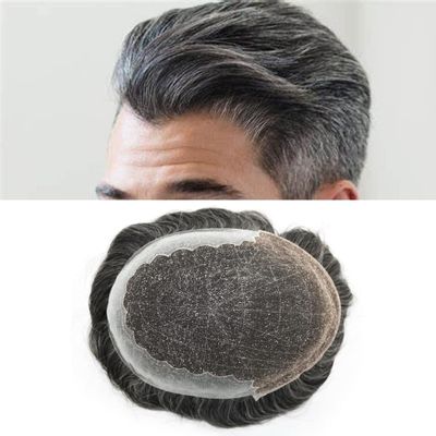 Toupee for Men Swiss Lace Front Hair Pieces Unprocessed Human Hair Replacement System for Men Bleached Knots Natural Hairline Mens Toupee Q6*8#1B50 1B# OFF BLACK +50% GRAY 120% density