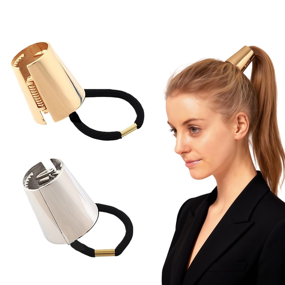 2PCS Womens Ponytail Holder Metal Circle Hair Cuff Elastic Hair Tie for Women Girls Hair Accessories (Gold + Silver)