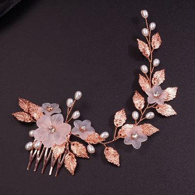 Teyglen Bride Wedding Flower Hair Comb Crystal Leaf Pearl Side Hair Comb Bridal Rhinestone Hair Pieces Hair Accessories for Women Girls Bridesmaid (Rose gold)