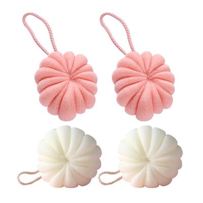 KALLORY 4pcs Bath Loofah Soft Exfoliating Body Scrubber Balls for Relaxing Showers Easy to Use Gentle Skin Includes and Shower Poufs