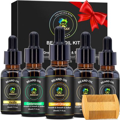 XIKEZAN 5 Pack Beard Oil Set w/Sandalwood, Orange, Vanilla, Cedarwood, Unscented for Beard Care, Moisturizing, Soften,Birthday Gifts for Men Him Dad Husband Christmas Gifts Stocking Stuffers