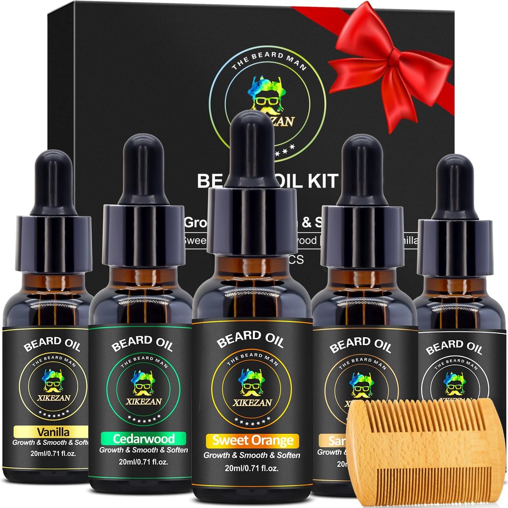 XIKEZAN 5 Pack Beard Oil Set w/Sandalwood, Orange, Vanilla, Cedarwood, Unscented for Beard Care, Moisturizing, Soften,Birthday Gifts for Men Him Dad Husband Christmas Gifts Stocking Stuffers