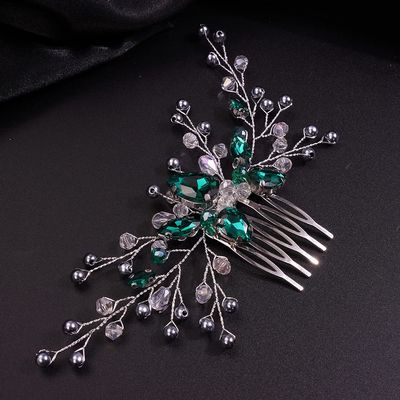 Teyglen Simple Green Crystal Rhinestone Pearl Bridal Hair Comb - Wedding Hair Accessory for Women