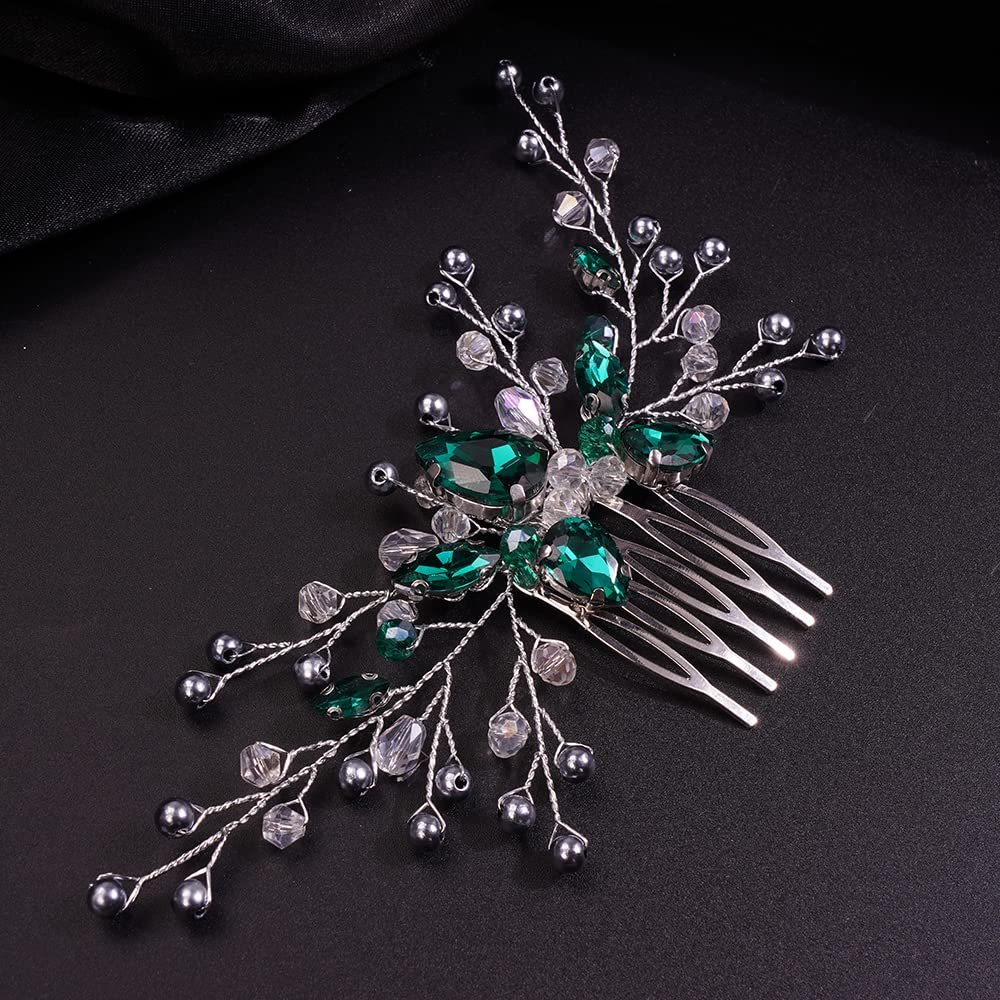 Teyglen Simple Green Crystal Rhinestone Pearl Bridal Hair Comb - Wedding Hair Accessory for Women