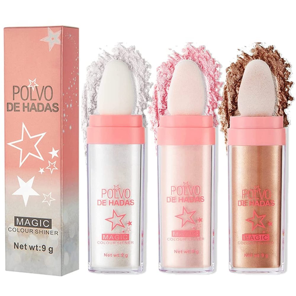 Kayswang Body Glitter Powder Stick Face highlights Shimmer Face and Body Highlighter Powder with Sponge Head, Magic Colour Shiner Powder for Face Body, Arms, Collarbones and Leg (3PC)