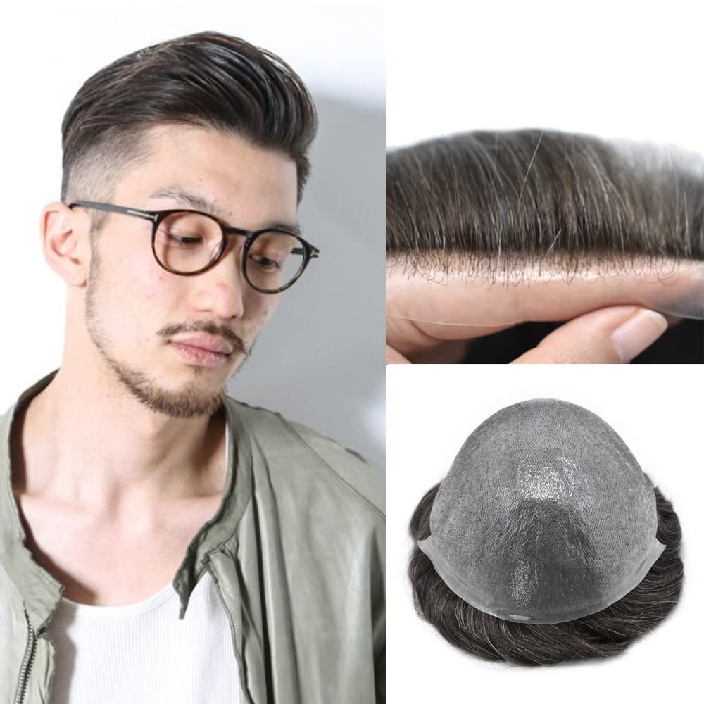 Healthlif Mens Toupee Thin Skin 0.06mm Toupee For Men V-loop Men Hair Piece Remy Virgin Human Hair Replacement System Men's Hairpiece Toupee 8x10#2 Darkest Brown 100% Density