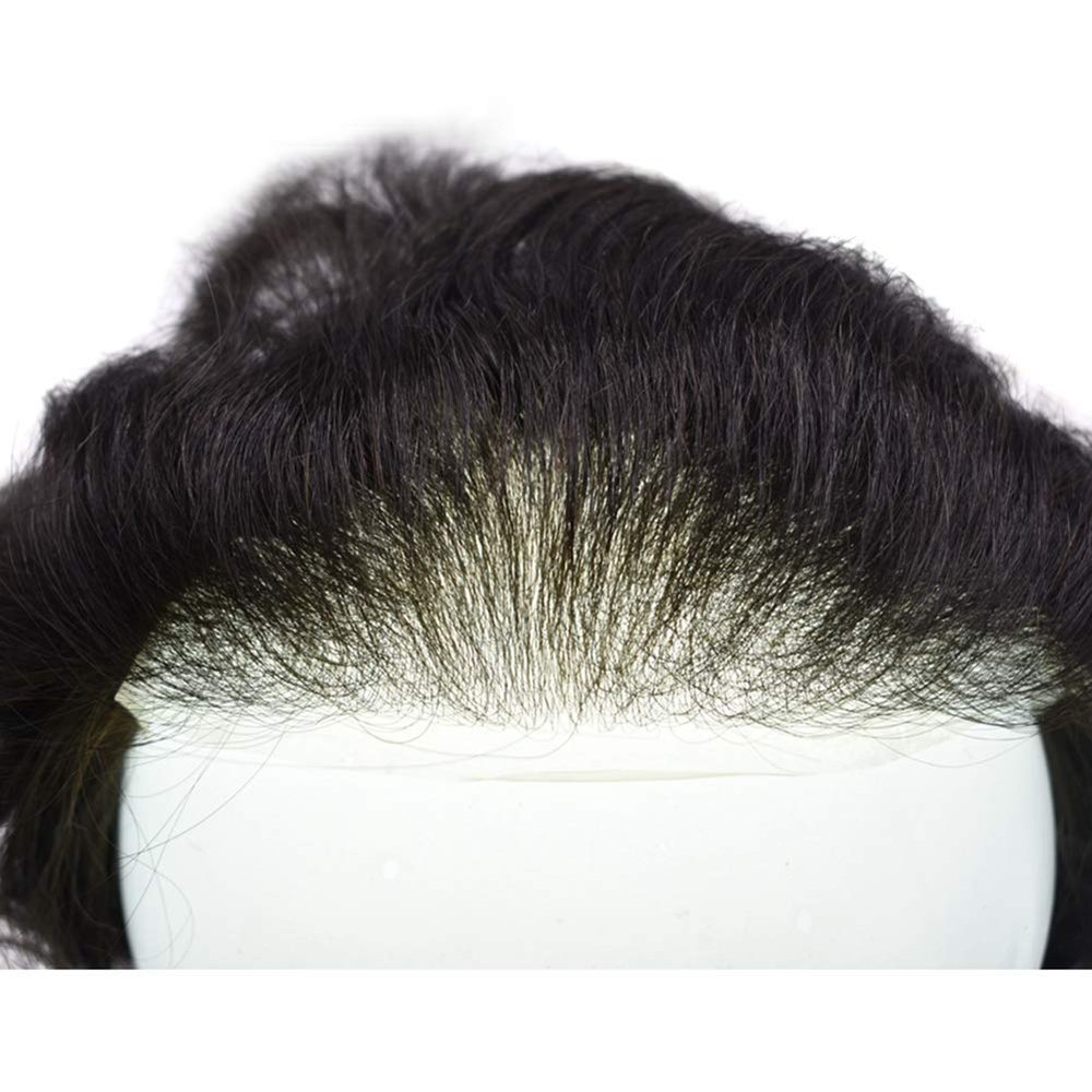 Healthlif Mens Toupee Thin Skin 0.06mm Toupee For Men V-loop Men Hair Piece Remy Virgin Human Hair Replacement System Men's Hairpiece Toupee 8x10#1B10#1B OFF Black+10% Grey 90% Density
