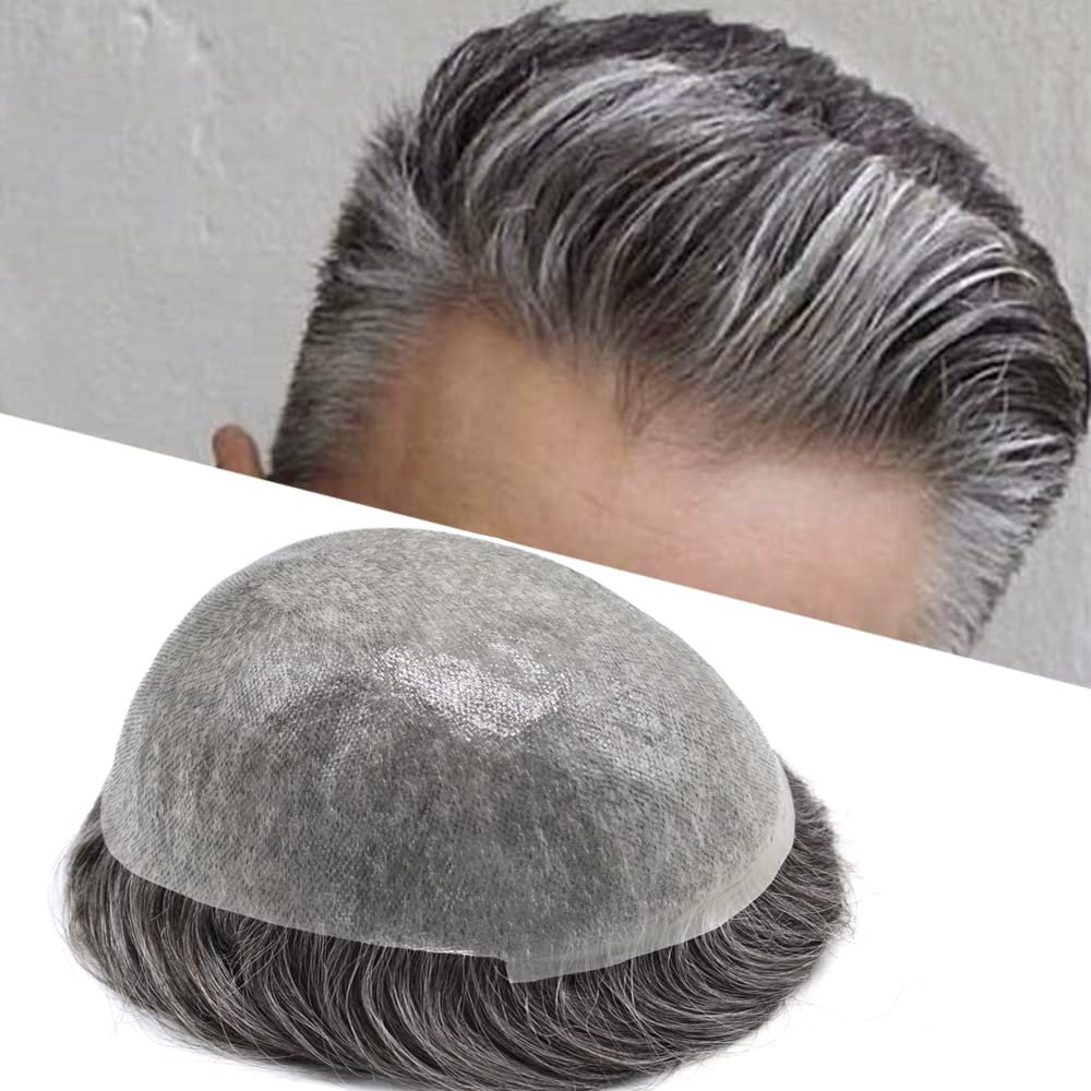 Healthlif Mens Toupee Thin Skin 0.06mm Toupee For Men V-loop Men Hair Piece Remy Virgin Human Hair Replacement System Men's Hairpiece Toupee 8x10#1B80#1B OFF Black+80% Grey 90% Density