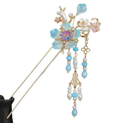 Chinese Style Hair Stick Fork Pendant Step Rocking Blue Flower Pearl Headdress Hair Clip Classical Hairpin Lady