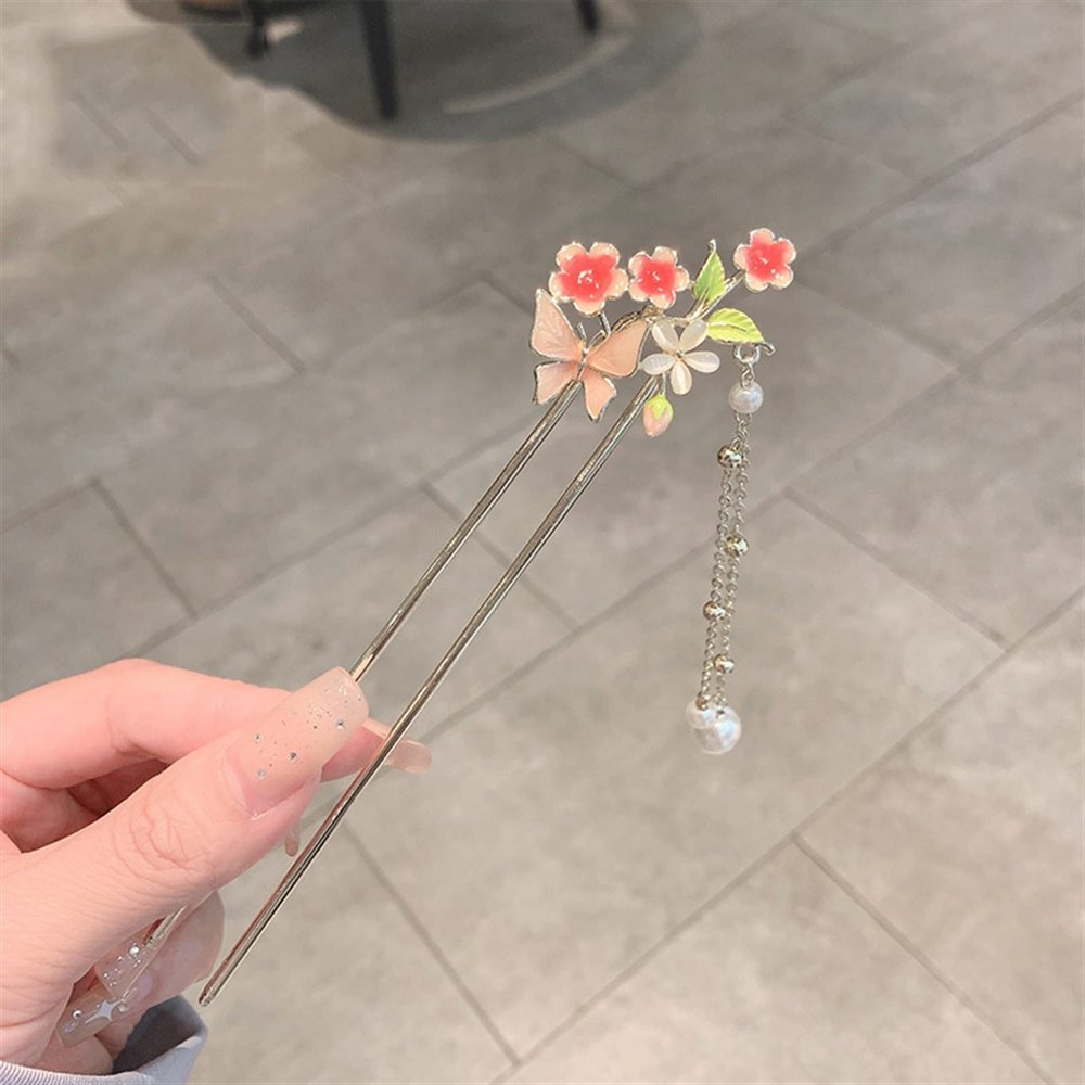 FHBWQY New Women's Elegant Peach Blossom Hairpin Step Back Shaking Alloy Tassel Clip Fashion Classic Hairpin Hair Ornament (Color : 1)