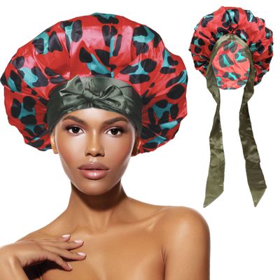 DONNA Large, Extra Large Adjustable Tie Satin Bonnet Sleep Cap 1pc Satin Headband Around Hairline & Nape Area Hair Accessories Night Cap Shower Caps, 1PC LEOPARD PATTERN