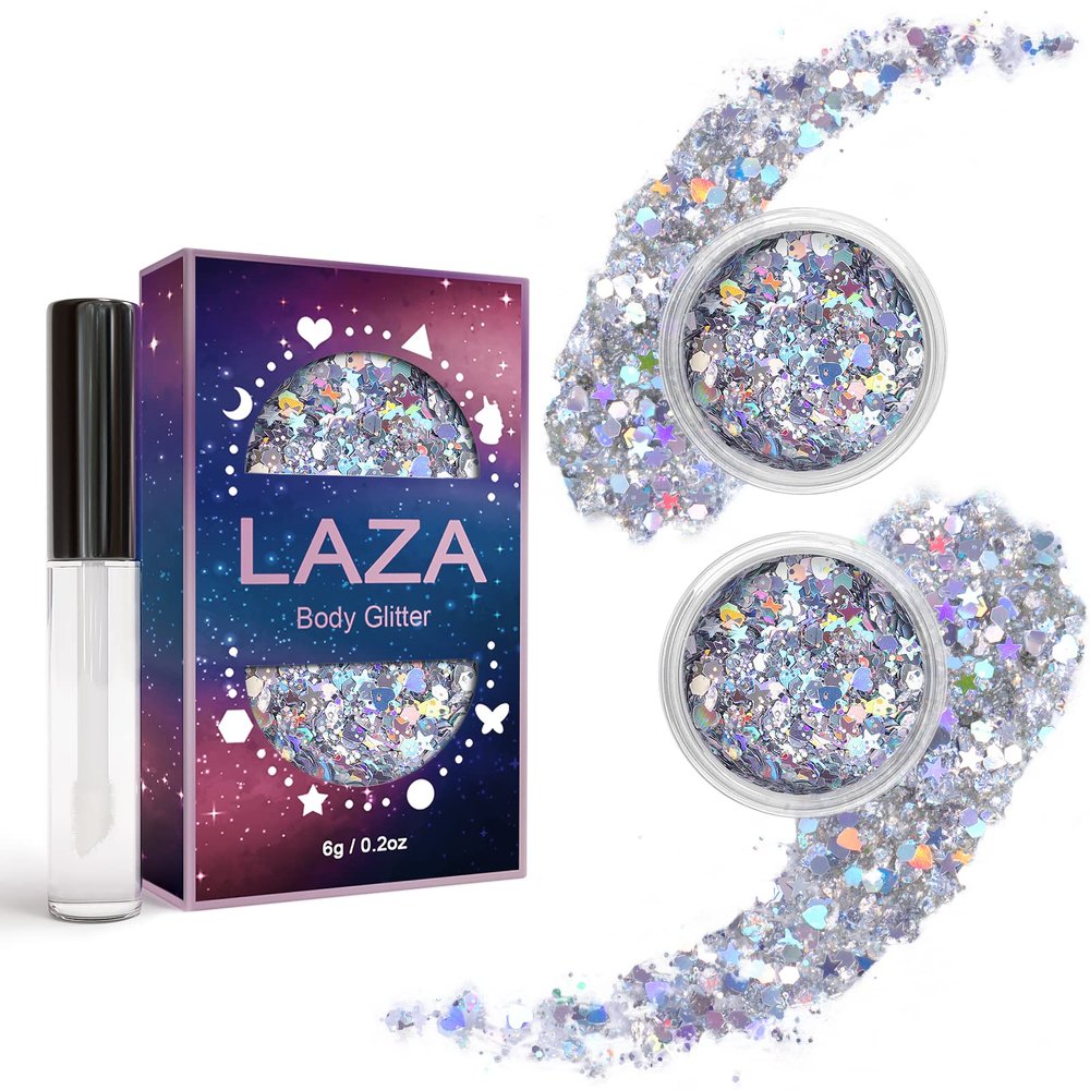 Laza Body Glitter, 2 Jars Holographic Chunky Sequins with Glitter Glue Perfect for Women Eyeshadow Makeup Face Paint Festival Rave Outfits Hair Accessories Carnival Party Costumes - Sliver Galaxy