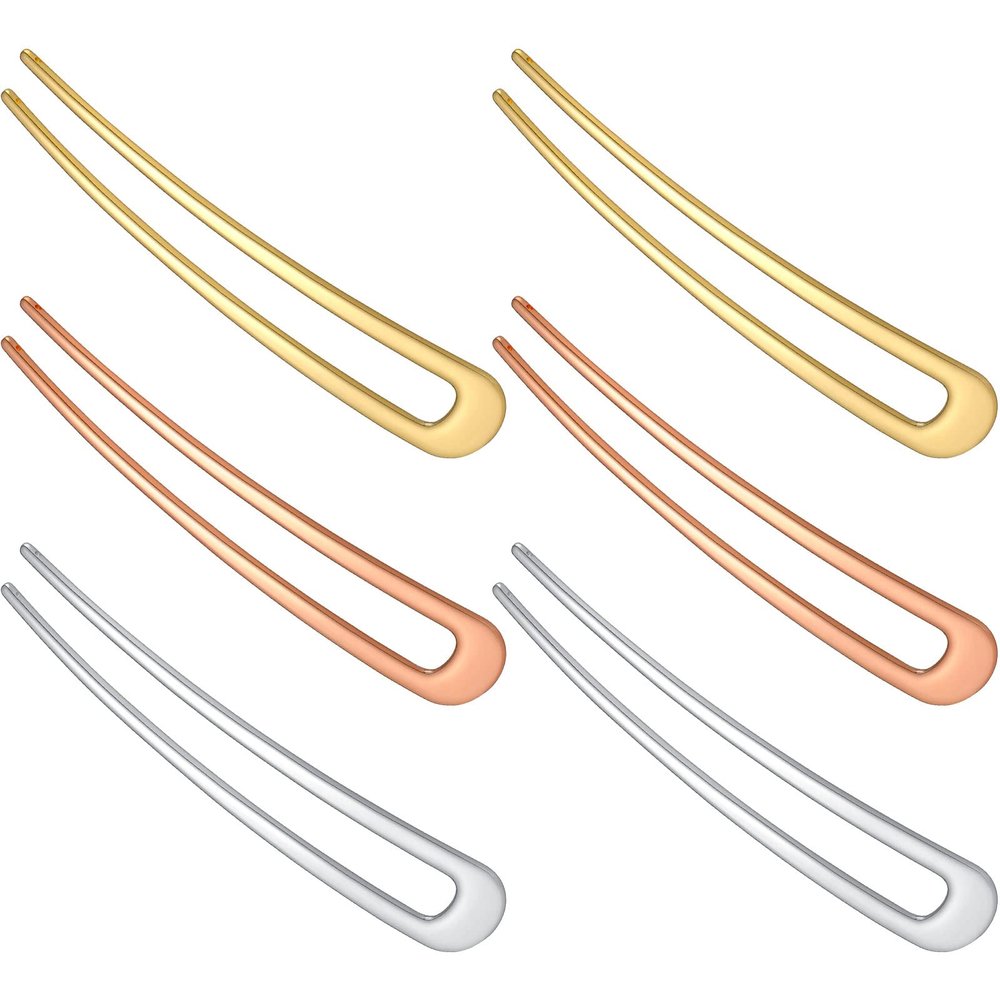 WILLBOND 6 Pcs French Hair Pins for Women French Twist Hairpins 4 Inch Metal Hair Forks U Shaped Long Chignon 2 Prong Sticks Hairpin for Lady Hairstyle Accessories(Gold, Silver, Rose Gold)