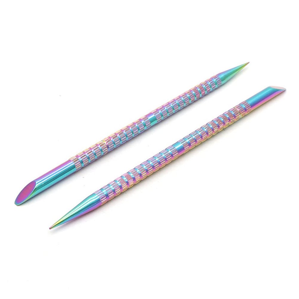2 Pcs Holographic Stainless Steel Sticks Double Sided Nail Art and Cuticle Pusher Remover Manicure Pedicure Tool