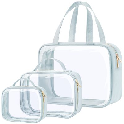 PACKISM Clear Toiletry Bags 1 Extra Large 1 Large 1 Medium - 3 Pack Makeup Bags with Handle, 180 Large Opening, Waterproof Cosmetic Bags for Travel Essentials, Grayish Blue