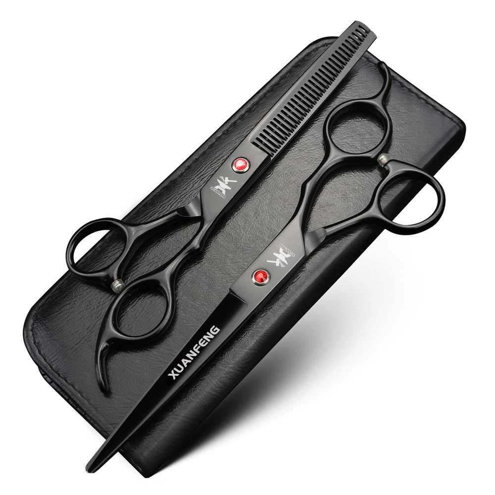 XUANFENG Black Ruby Hair Scissors 7-inch Barber Professional Cutting Scissors and thinning Scissors 9CR18 Steel Scissors, Suitable for Barbers and Families (thinning 20-25% Set)