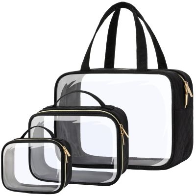 PACKISM Clear Toiletry Bags 1 Extra Large 1 Large 1 Medium- 3 Pack Clear Makeup Bags with Handle Large Opening, Waterproof Cosmetic Bags Fit Carry-on Travel Essentials, Travel Bags, Black