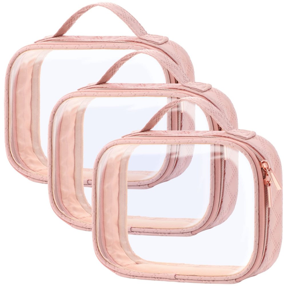 PACKISM TSA Approved Toiletry Bag 3 Medium, Clear Makeup Bags with Handle Large Opening, Clear Toiletry Bags Fit Carry-on Travel Essentials, Quart-sized Travel Bags for Toiletries, Rose Pink
