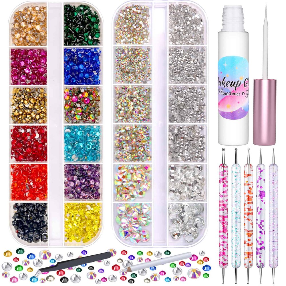5608Pcs Makeup Rhinestones with Face Glue, Flatback Colorful Face Gems Crystal AB&Clear Eye Jewels with Pickup Dotting Tools for Eye, Body Makeup, Nail Art and DIY Crafts