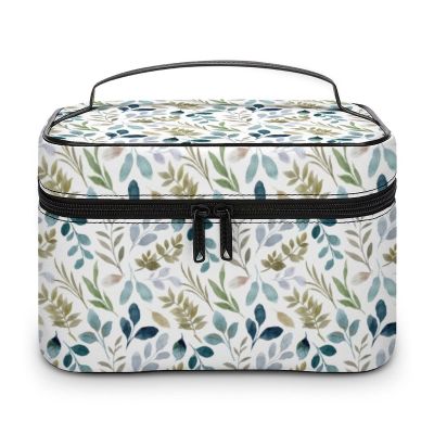 Makeup Bag Cosmetic Organizer Bag, Watercolor Plant Leaves Branch Makeup Bag Portable PU Leather Makeup Travel Case Pouch Organizer Toiletry Bag with Handle for Women Girls Gifts