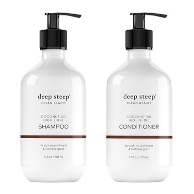 Deep Steep High Shine Coconut Oil Shampoo & Conditioner, 17 oz  Moisturizing Shampoo with Aloe Vera, Argan Oil, Rice Protein - Sulfate-Free, Vegan, Clean Beauty Hair Care, Soft & Glossy Hair
