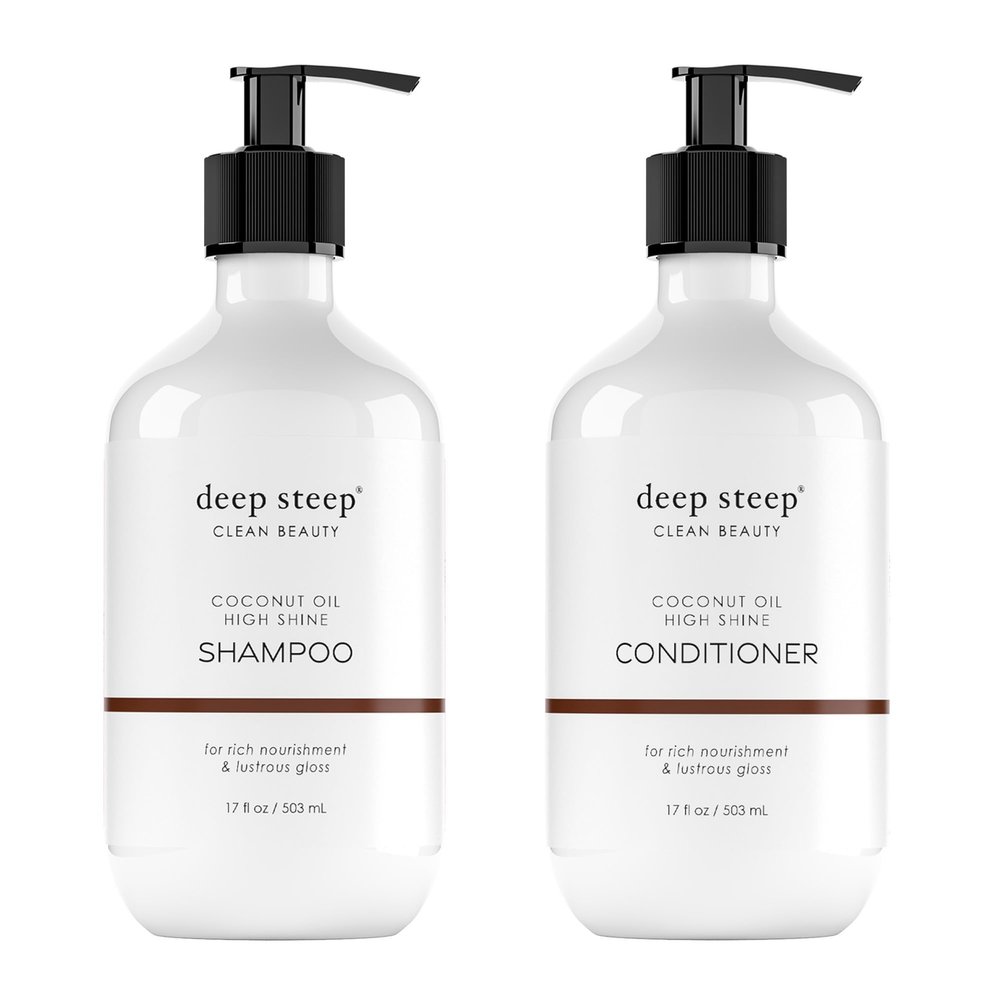 Deep Steep High Shine Coconut Oil Shampoo & Conditioner, 17 oz Moisturizing Shampoo with Aloe Vera, Argan Oil, Rice Protein - Sulfate-Free, Vegan, Clean Beauty Hair Care, Soft & Glossy Hair