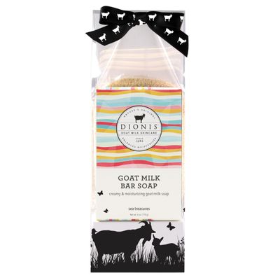 Dionis Goat Milk Bar Soap Shower & Bath 3 Pc Travel Set with Saver Pad & Exfoliating Scrubber - Moisturize & Massage - Triple Milled Gentle Body Wash Cleanser Creamy, Rich Lather, Sea Treasures