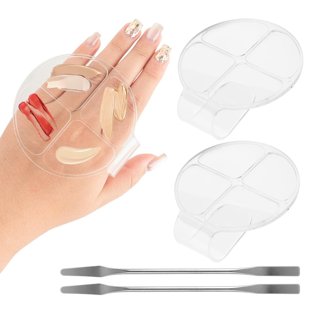 AUEAR, 2 Pack Hand Makeup Mixing Palette Handheld Clear Cosmetic Nail Art Manicure with Pieces Spatula for Foundation