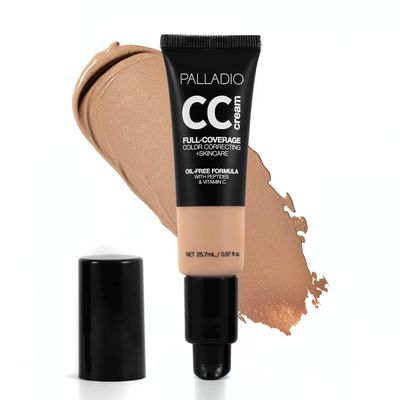 Palladio Full-Coverage Color Correction CC Cream, Oil-Free with Peptides & Vitamin C, Best for Correcting Redness and Uneven Skin Tone, Buildable Foundation Coverage (Tan 41N)