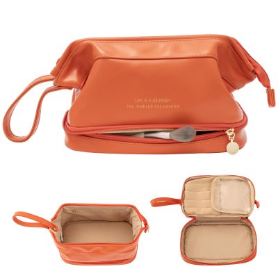 Abiudeng Large Makeup Bag for Women,Travel Makeup Organizer with Brush Holder, Dopp Kit Essentials,Waterproof Lozenge Cosmetic Bag for Traveling,Multi Compartment,Cute,Spacious Capacity-orange