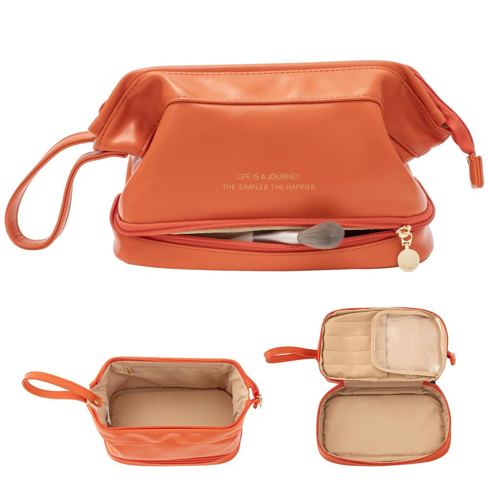Abiudeng Large Makeup Bag for Women,Travel Makeup Organizer with Brush Holder, Dopp Kit Essentials,Waterproof Lozenge Cosmetic Bag for Traveling,Multi Compartment,Cute,Spacious Capacity-orange