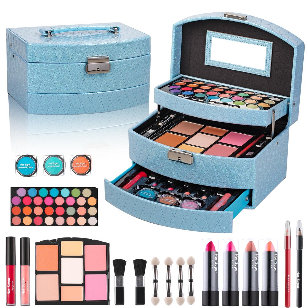 Hot Sugar Girls All-in-One Makeup Kit for Teens 10-16 Years | Beginner Cosmetic Set with Real Makeup Tools & Cosmetics | Birthday Christmas Gift for Girls (Blue)