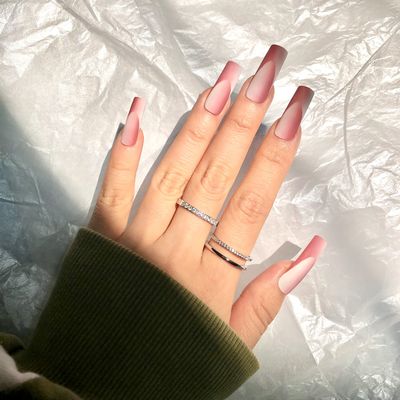 FRUJCDKI handmade real glue series fake nails, black and pink gradient press-on fake nails, long coffin-shaped fake nails, ballerina glue nails (Pink-L)