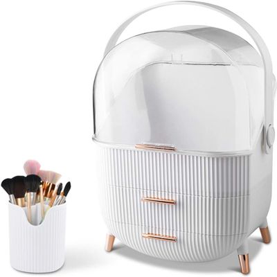 Busy Mom Multi-Function Make Up Case Dustproof Cosmetic Storage Box,Cosmetics Skin Care Products Jewelry Organizer Case Finishing Box Bedroom Bathroom Desktop (White)