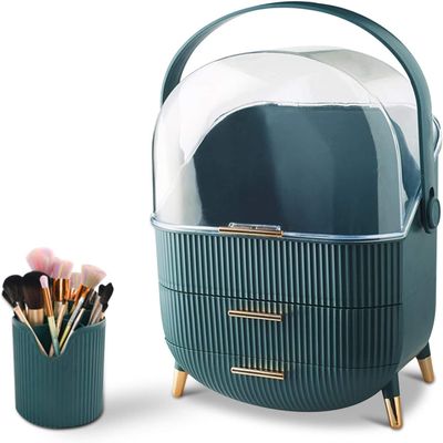 Busy Mom Multi-Function Make Up Case Dustproof Cosmetic Storage Box,Cosmetics Skin Care Products Jewelry Organizer Case Finishing Box Bedroom Bathroom Desktop (Green)