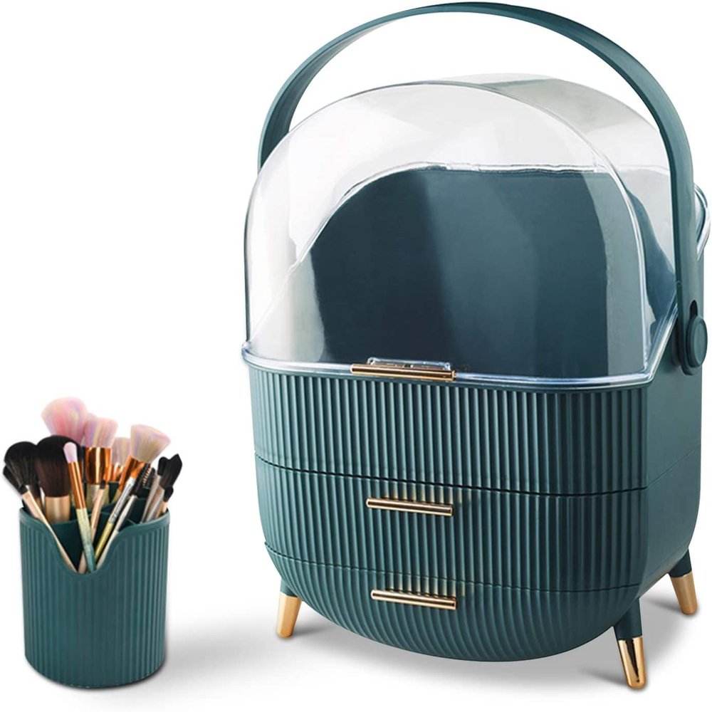 Busy Mom Multi-Function Make Up Case Dustproof Cosmetic Storage Box,Cosmetics Skin Care Products Jewelry Organizer Case Finishing Box Bedroom Bathroom Desktop (Green)