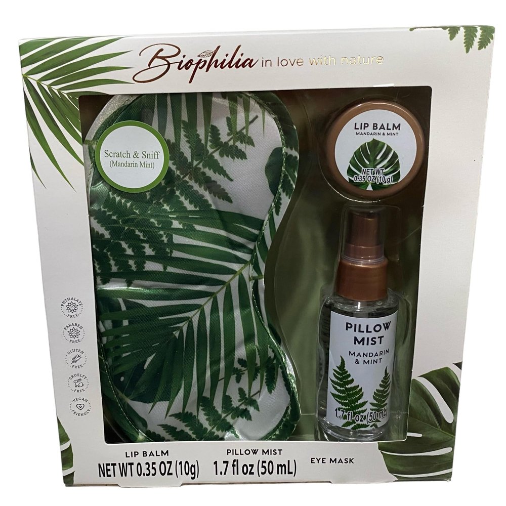 Biophilia 3 Piece Sleep Gift Set | Leaf Pattern | Mandarin Mint Set | Eye Mask, Lip Balm 0.35 OZ (10g) & Pillow Mist 1.7 FL OZ (50ml)