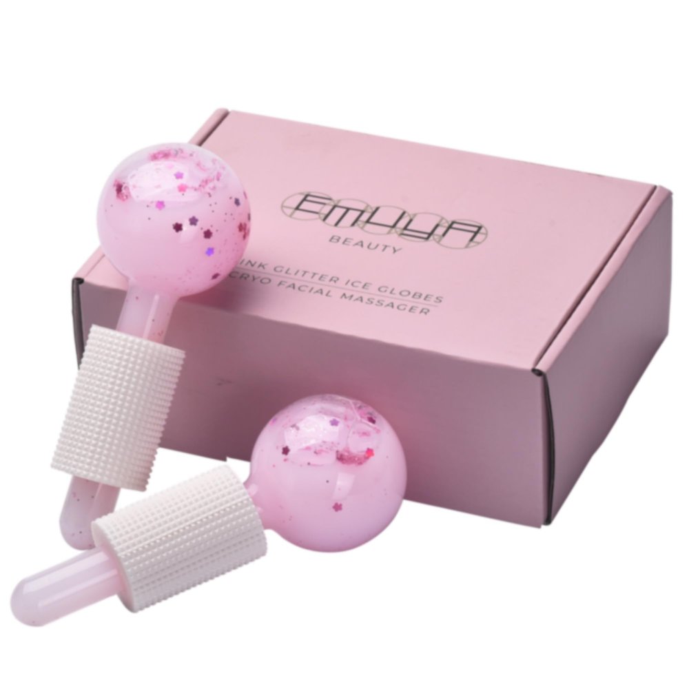 Emuya Ice Globes for Facials  Facial Tools for Face & Eye Puffiness Relief, Cool Skincare Cryo Tools - Pink Drink Glitter