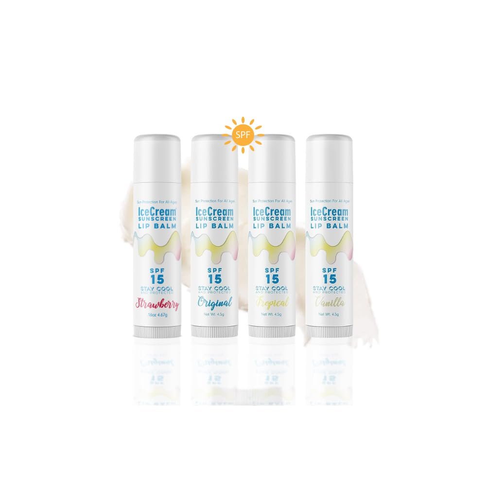 4-Pack Lip Balm Gift Set by IceCream Sunscreen. Assorted Scented Flavors SPF15 Natural Lip Moisturizer Treatment & Sulfate-Free, 4.5g, Original, Vanilla, Strawberry, Tropical