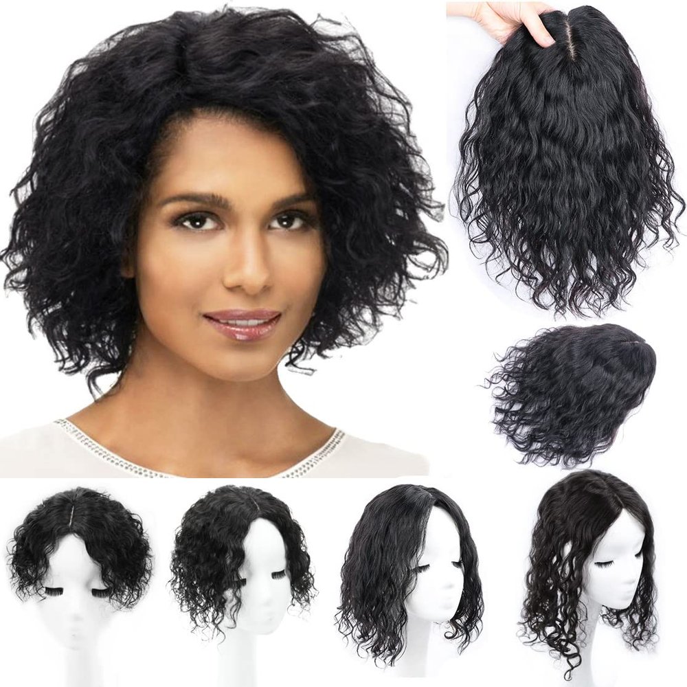 AiUree Fuffly Curly Human Hair Topper Middle Part Clip in Hairpiece Women Toupee Replacement Hair Piece 13x14cm Silktop Topper Clip on Wave Hair Extensions Covering Grey Hair(14" Middle Part,Black)