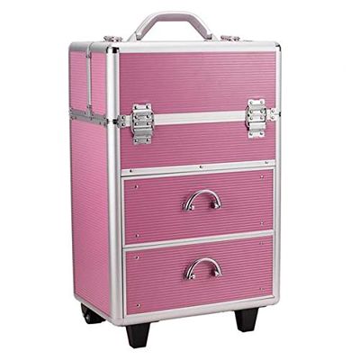 Flulep 4 Tier Lockable Cosmetic Makeup Train Case with Extendable Trays Pink