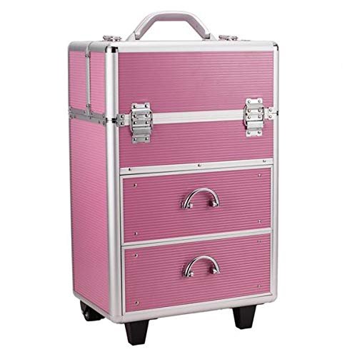 Flulep 4 Tier Lockable Cosmetic Makeup Train Case with Extendable Trays Pink