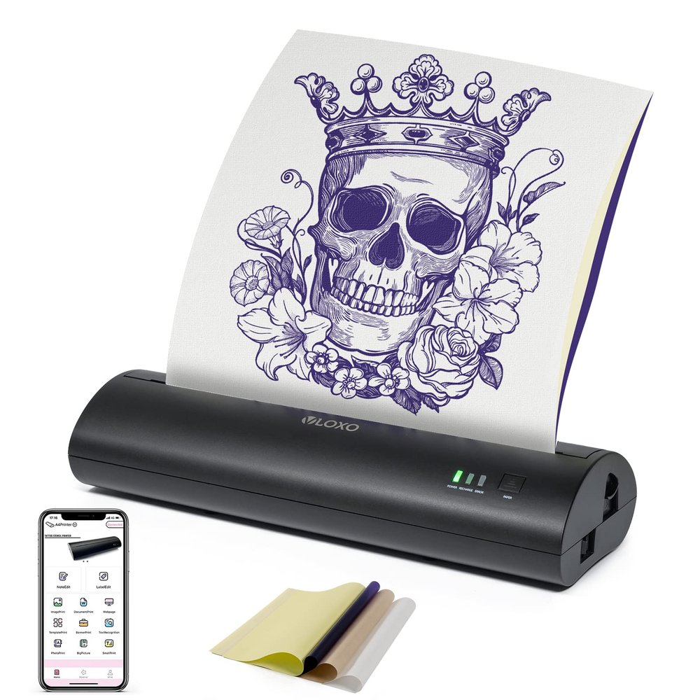 VLOXO Cordless Tattoo Stencil Printer, Portable Tattoo Thermal Transfer Copier Rechargeable Tattoo Printer Compatible with iOS & Android Phone with 10pcs Tattoo Stencil Paper