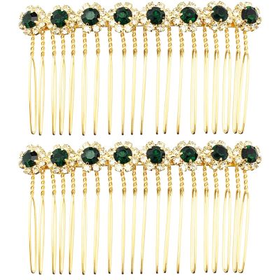 PRETTYLIFE Bridal Crystal Side Combs for Hair 2 Pieces Wedding Flower Alloy Rhinestone French Hair Pins Accessories for Women Girls (Dark Green)