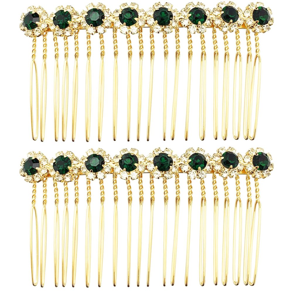 PRETTYLIFE Bridal Crystal Side Combs for Hair 2 Pieces Wedding Flower Alloy Rhinestone French Hair Pins Accessories for Women Girls (Dark Green)
