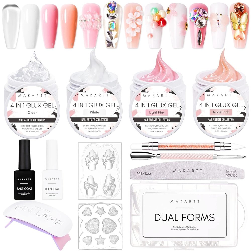 Makartt 3d Gel Nail Art Kit: All in One 3D Sculpting Builder DIY Kit Non-Stick-Hand Solid Gels UV LED Soak Off Gel Polish Painted Carving Molding Hard Gels Rhinestones Chrome Nail Art Salon Home