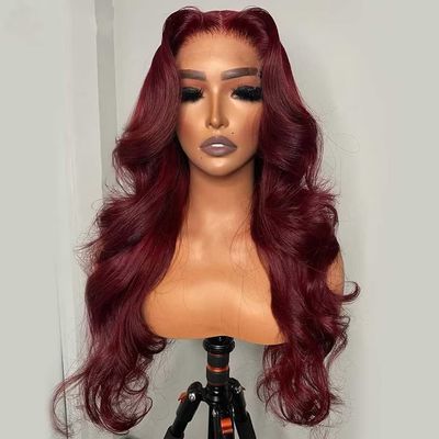 13x6 Lace Frontal Wig HD Transparent Burgundy 99J Body Wave Lace Wig Brazilian Remy Hair With Baby Hair Pre Plucked Natural Hairline Bleached Knots for Black Women 150% Density 22 Inch