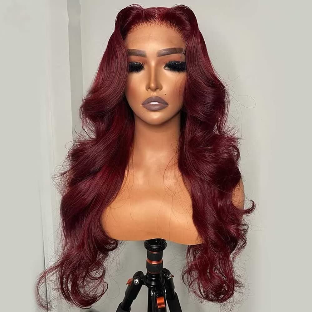 13x6 Lace Frontal Wig HD Transparent Burgundy 99J Body Wave Lace Wig Brazilian Remy Hair With Baby Hair Pre Plucked Natural Hairline Bleached Knots for Black Women 150% Density 22 Inch