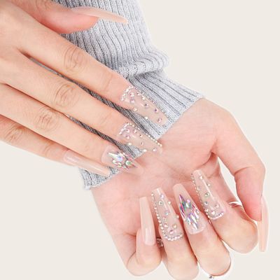 FRUJCDKI Fake Press On Nails 3d Extra Long Artificial Jewelry Full Cover False Nail With Rhinestones Luxury Bridal Wedding Professional Nail Art Salon (Nude diamonds)