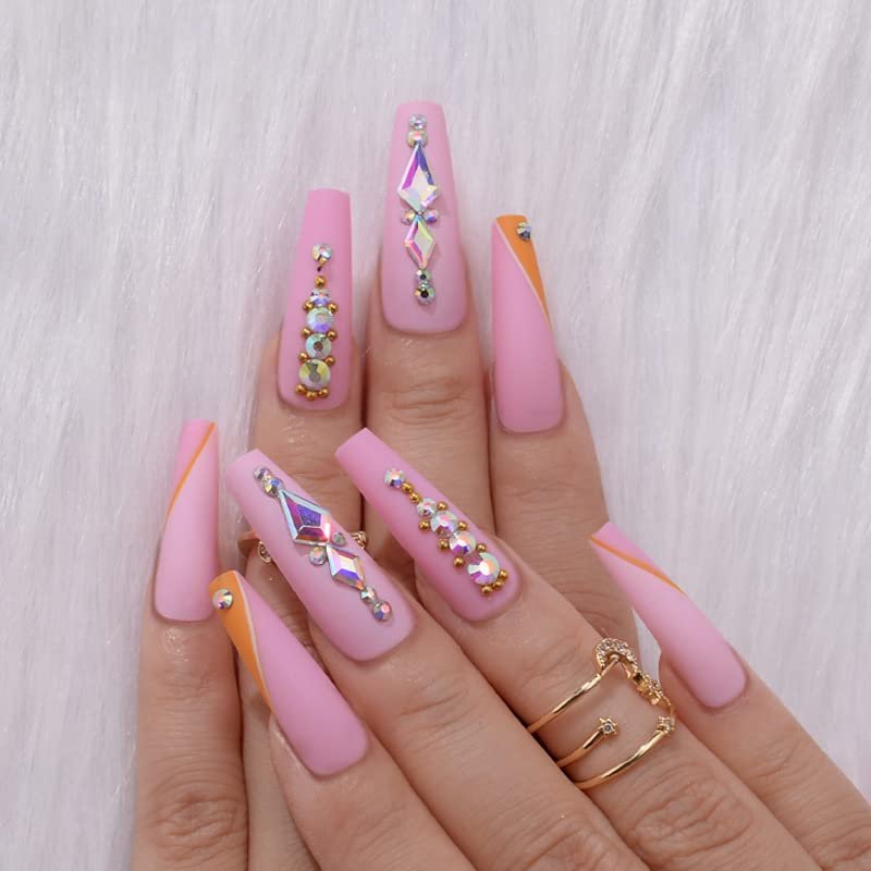 FRUJCDKI Fake Press On Nails 3d Extra Long Artificial Jewelry Full Cover False Nail With Rhinestones Luxury Bridal Wedding Professional Nail Art Salon (hot pink)